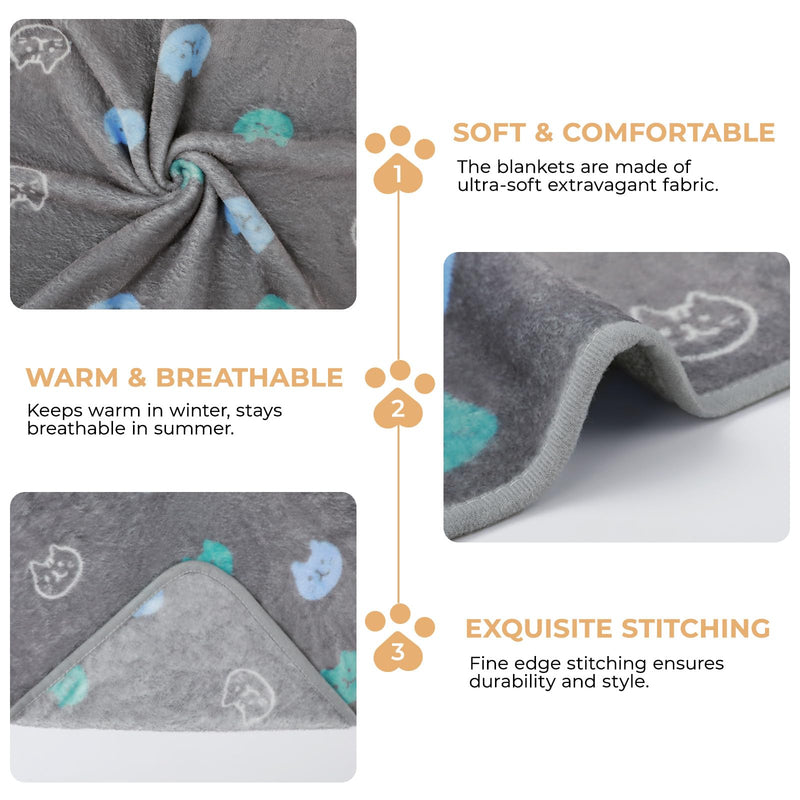1 Pack 3 Blankets Super Soft Fluffy Premium Cute Cat Pattern Pet Blanket Flannel Throw for Dog Puppy Kitten Blue/Cyan/Grey Large(41x31 inch) 41x31 inch (Pack of 3) - PawsPlanet Australia