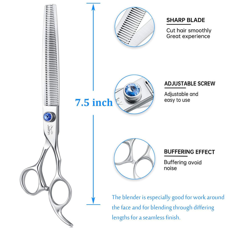 JASON 7.5" 56 Teeth Blending Dogs Grooming Scissors Cats Thinning Shears Pets Blender Thinner Trimming Texturizing Kit with Offset Handle Blue Jewelled Screw 7.5"