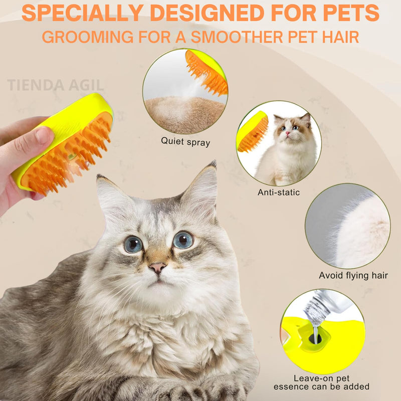 Hair Brush for Pets with Steam Function, Soft Rubber Bristles, Water or Essential Oil Reservoir, Non-Slip Grip, Easy Cleaning, for Dogs and Cats (Yellow) Yellow - PawsPlanet Australia