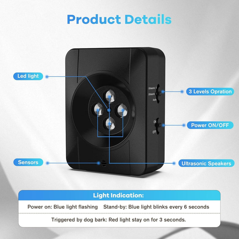 Dog Bark Deterrent Devices, Automatic Anti Barking Device with 4 Ultrasonic Transmitters, Audio & Ultrasonic Bark Box with 33FT Range, Rechargeable & Waterproof Outdoor Stop Barking Dog Devices