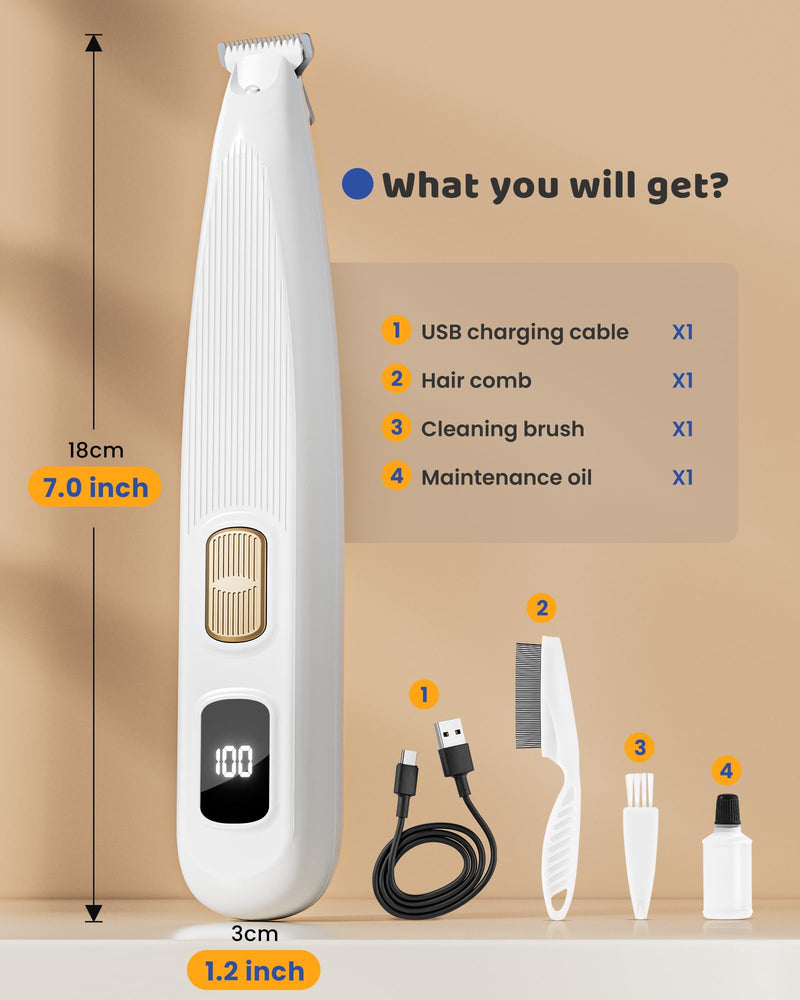 Dog Paw Trimmer with LED Light, 35dB Low Noise Precision Pet Paw Trimmer for Dogs Cats Grooming Clippers, 2 Speed Safety Electric Paw Hair Trimmer for Paws, Ears, Rump, Face, Eyes (White) White - PawsPlanet Australia