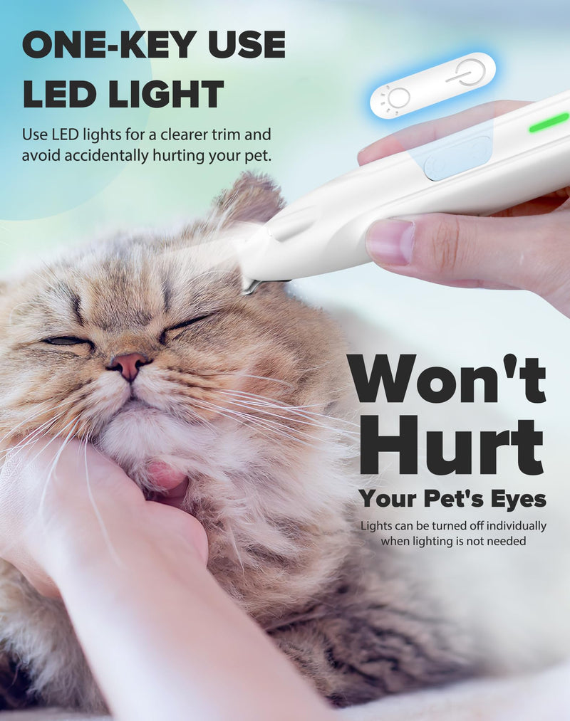 Dogs Paw Trimmer, 2 Speed Low Noise Dog Clippers for Grooming, Cordless Rechargeable Dog Hair Trimmer with LED Light, Widen Blade Cat Pet Hair Shaver for Paws, Eyes, Ears, Face, Rump (White) White