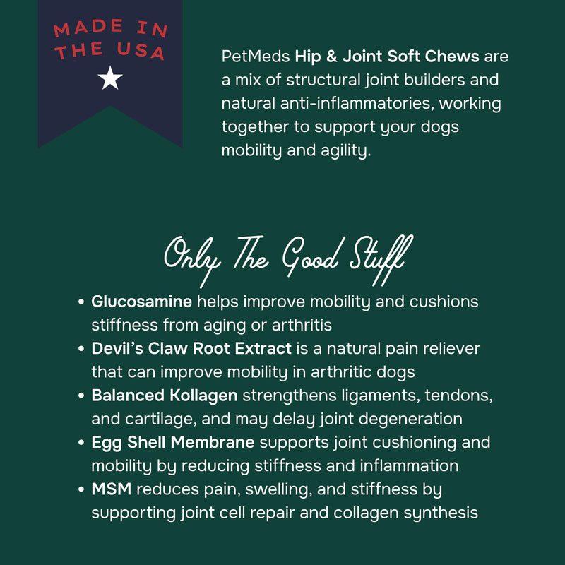 PetMeds Hip & Joint Supplement for Dogs - Vitamins, Glucosamine, MSM, Chondroitin, Collagen for Joint Mobility & Flexibility - Senior Dog Arthritis Support - Beef & Sweet Potato Flavor - 60 Soft Chews - PawsPlanet Australia