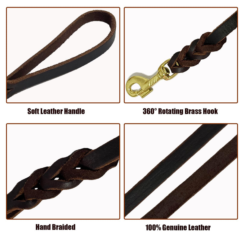 LWBMG Long Leather Dog Leash 10ft, Heavy Duty Dog Leash, Strong Sturdy Genuine Leather Braided Dog Leash, Soft and Comfortable Leather Leash for Medium and Small Dogs Training 10ftx1/2'' Brown - PawsPlanet Australia