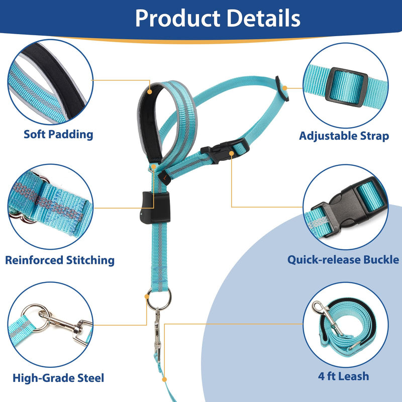 BARKLESS Adjustable Soft Head Collar with Padding, Reflective No-Pull Halter for Dogs, Training Nose Leash Included, Ensures Easy Control on Walks (Turquoise, S)