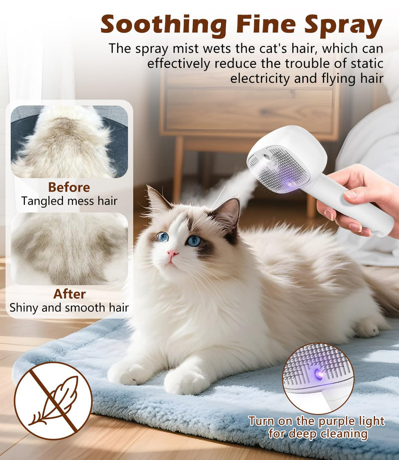 3-In-1 Cat Steam Brush for Shedding, One-Touch Release - Rechargeable - Self Cleaning Comb for Indoor Cats, Anti-Static Grooming Brush for Long and Short-Haired Cat/Dog, White - PawsPlanet Australia