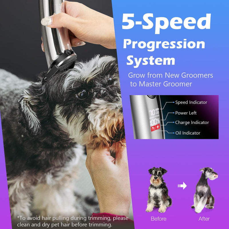 Professional Dog Grooming Clippers with Charging Dock, 5-in-1 Adjustable Blade Cordless Pet Grooming Kit 5 Speed Rechargeable Trimmer Hair Shaver with Detachable Guide Combs for Animal Horse - PawsPlanet Australia