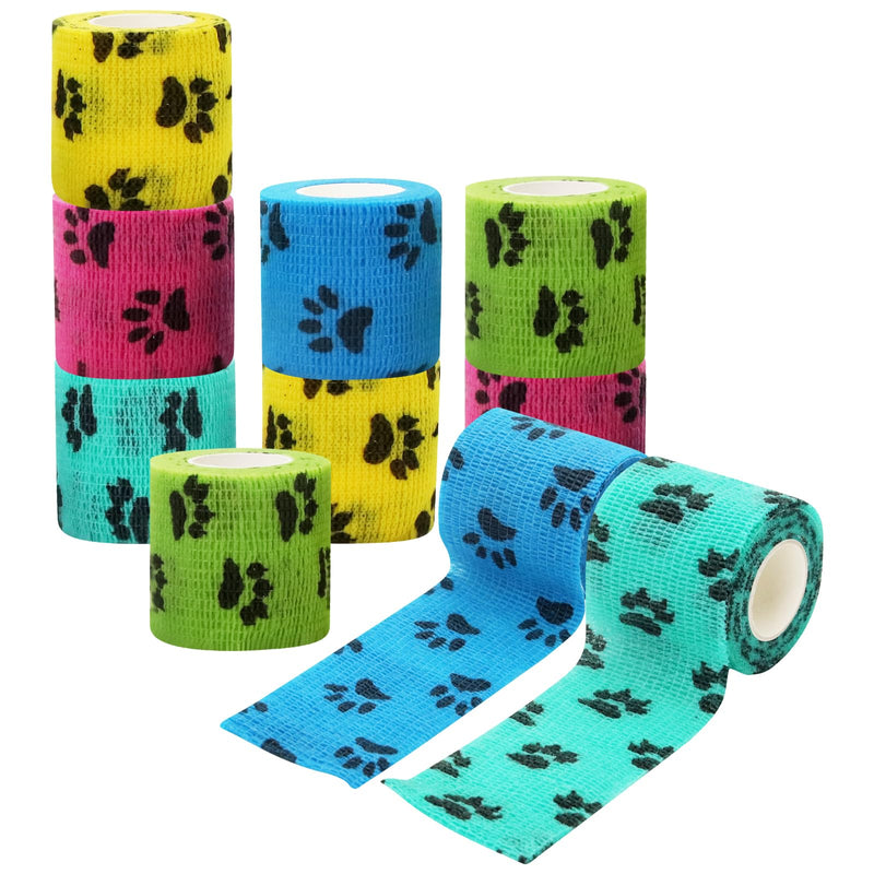 10 Pack Self Adhesive Bandage Wrap，2" X 5 Yards Elastic Cohesive Bandage Wrap Non-Woven Tape Breathable First Aid Tape,Vet Wrap for Horses Dogs Pets,Cat, Bird, Animal（5 Colors ） (Claw Print) Claw Print