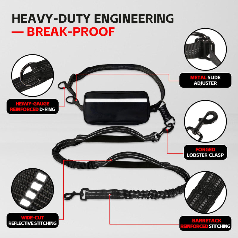 Hands Free Dog Leash with Waist Belt & Large Pouch, Waist Leash for Dog Walking, Running, Hiking & Jogging, Reflective Dual Padded Handles, Ideal for Medium/Large Dogs (30-120lbs) For 1 Dog - PawsPlanet Australia