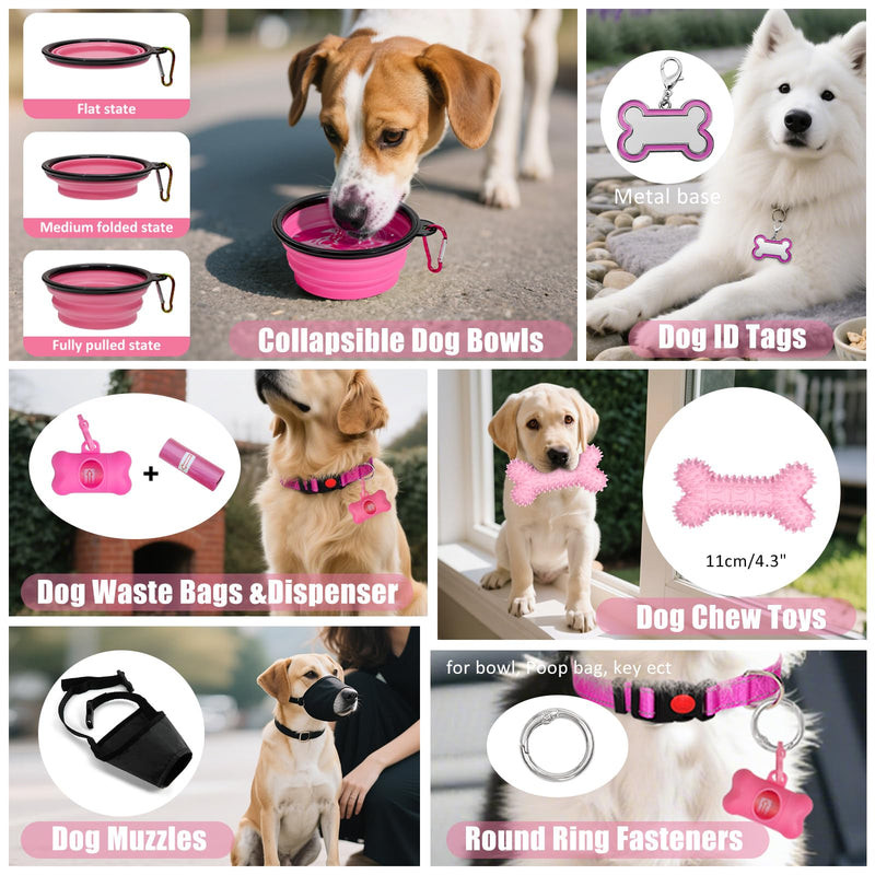 No Pull Dog Harness Adjustable Collar & Leash Set - Dog Halter Harnesses Collapsible Bowls & Poop Bag Dispenser Muzzle ID Tags Toys Fits Small Medium Large Dogs (Pink-M) Pink