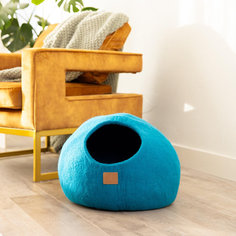 Best Aesthetic Cat Bed - Premium Felted Wool Cat Cave Bed - Cozy Peekaboo Round Cave for Large or Small Cats (Large, Ocean Blue) - PawsPlanet Australia