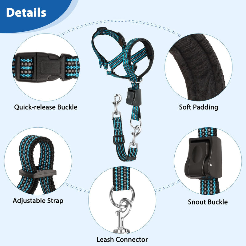 BARKLESS No Pull Dog Head Collar for Gentle Training Walking, Soft Padded Head Halter with Collar Safety Clip, Comfortable Fit Muzzle Leash with Reflective Strap for Medium Large Dog (Blue, XL) Blue XL (Snout 12"-17.5") - PawsPlanet Australia