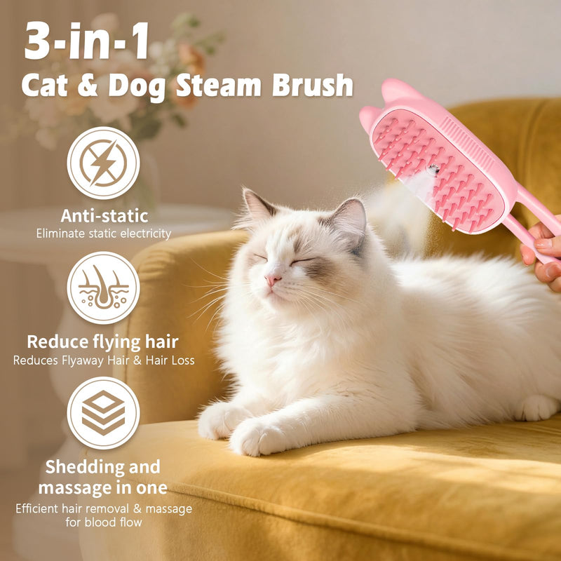 Cat Steam Brush for Shedding, Spritz Defur Comb 3 in 1 Pet Rechargeable Steam Brush Tool for Long and Short Haired Cats and Dogs, Anti-Static, Shedding, Detangling, Massage & Combing (pink) - PawsPlanet Australia
