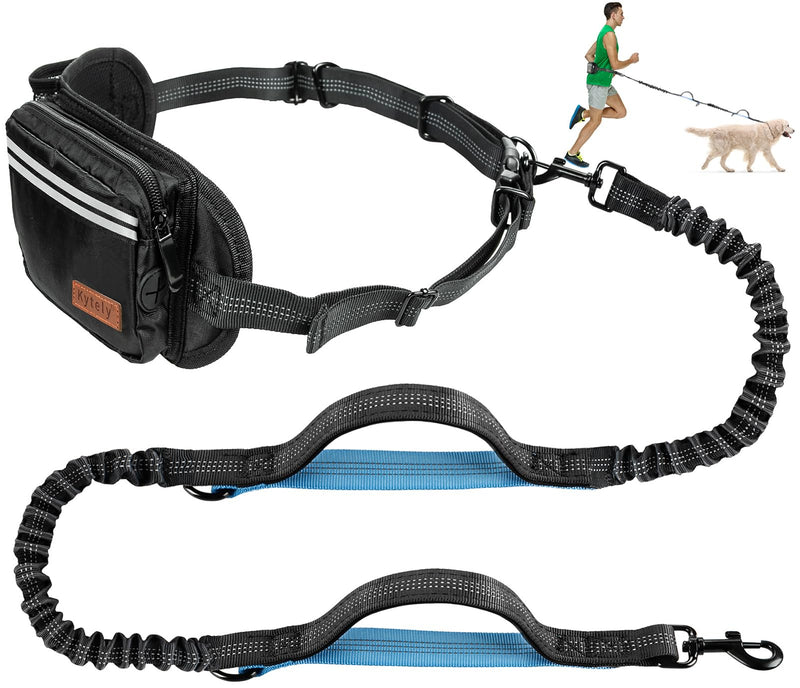 Kytely Hands Free Dog Leash with Zipper Pouch, Wide Padded Waist Dog Running Leash, Dual Padded Handles, Retractable Bungee for Walking Jogging Training Hiking Black/Blue For 1 Dog