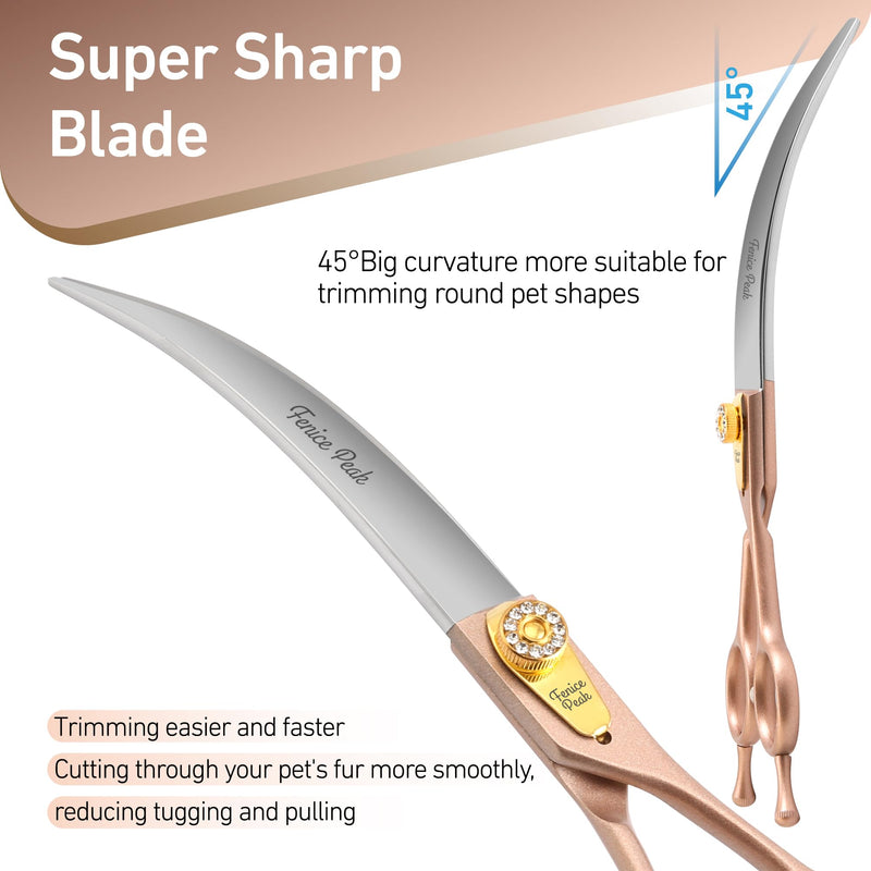 Fenice Peak 45° Extra Curved Dog Grooming Scissors 440C Stainless Steel 7.5'' Big Arc Curved Shears Rose Gold Sharp and Durable Trimming Scissors for Dogs and Cats - PawsPlanet Australia