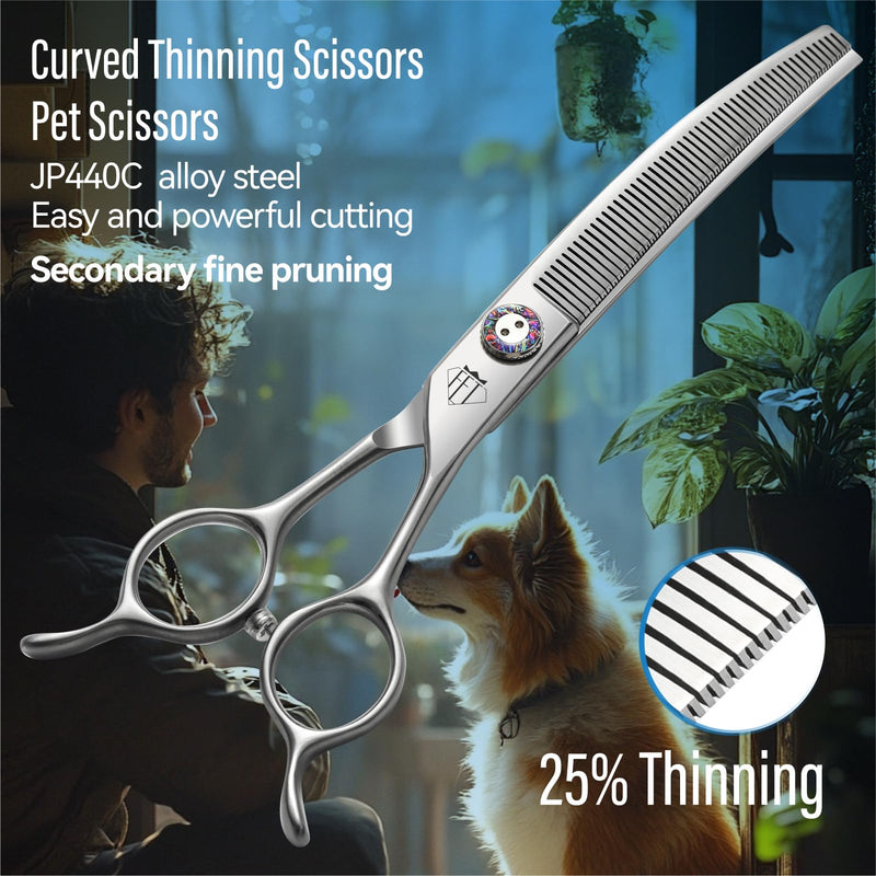 Professional Dog Grooming Scissors, 7 Inch JP440C Stainless Steel, 25% Thinning Curved Shears with Ergonomic Handle, Silver (Curved Thinner, 7.0") Curved Thinner 7.0" - PawsPlanet Australia