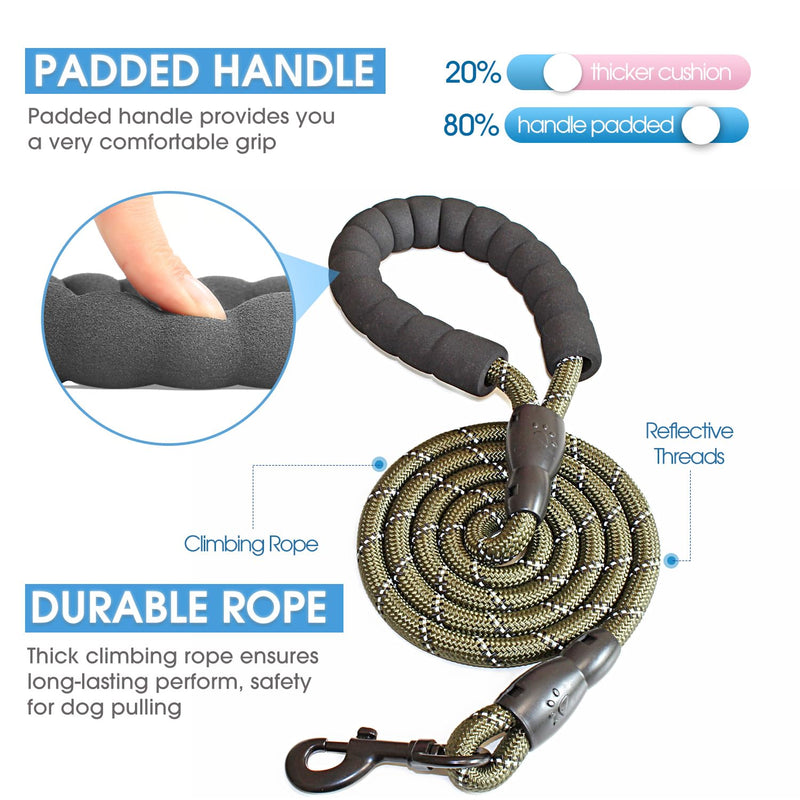 BAAPET 2/4/5/6 FT Dog Leash with Comfortable Padded Handle and Highly Reflective Threads for Small Medium and Large Dogs (5FT-1/2'', Olive Green) 1/2'' x 5 FT (18~120 lbs.) - PawsPlanet Australia