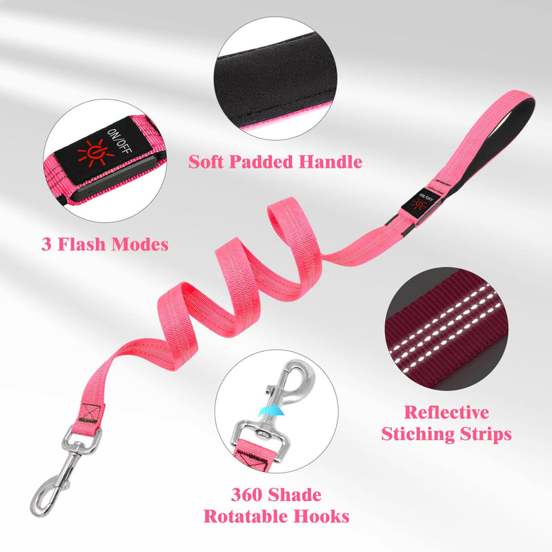Light Up Dog Leash, 5 Ft LED Dog Lead Glowing Pet Leash with Soft Padded Handle, Safety Dog Lights for Night Walking (Pink) Pink - PawsPlanet Australia