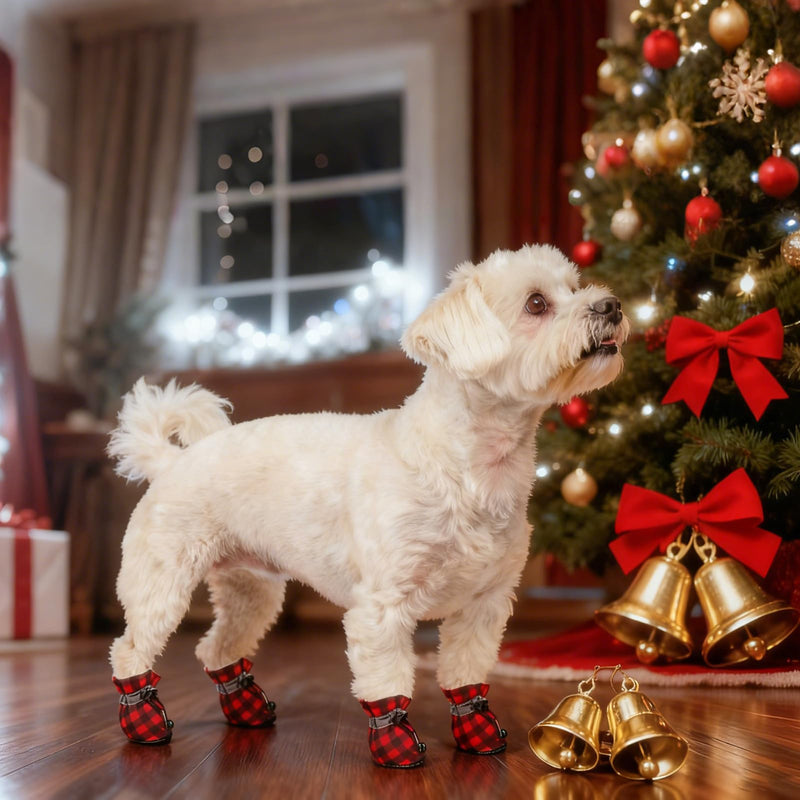 SCENEREAL Christmas Fleece Dog Shoes for Small Medium Dogs, Anti-Slip Sole Puppy Boots & Paw Protectors with Reflective Straps Red Plaid Warm Soft Outdoor Walking Indoor Hardfloors, Size 3