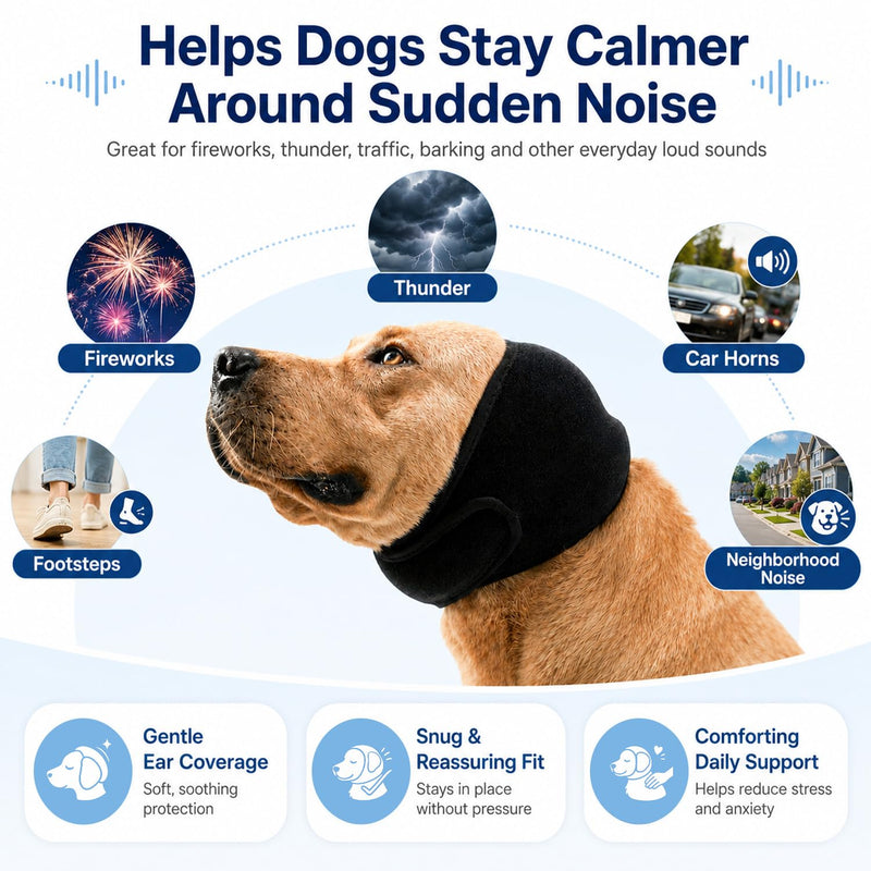 Dog Calming Hood for Noise Reduction, Long Ear Dog Snood for Eating & Drinking, Soft Stretch Ear Cover for Thunder, Fireworks, Grooming, Vet Visits & Car Rides (Black, L) Black