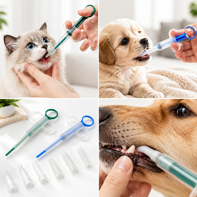 Tablet dispenser for cats, 4 pieces. Silicone and plastic tablet dispenser set. Swallowing aid for tablets and dogs. Medication administration at home. Pet care accessory. Practical.