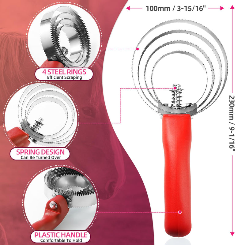 4 Rings Curry Comb Horse Brush, Reversible Stainless Steel Curry Comb Brush, Scraper With Handle Double Sided Shedding, Tool For Dog Horse Grooming Supplies (Red) Red