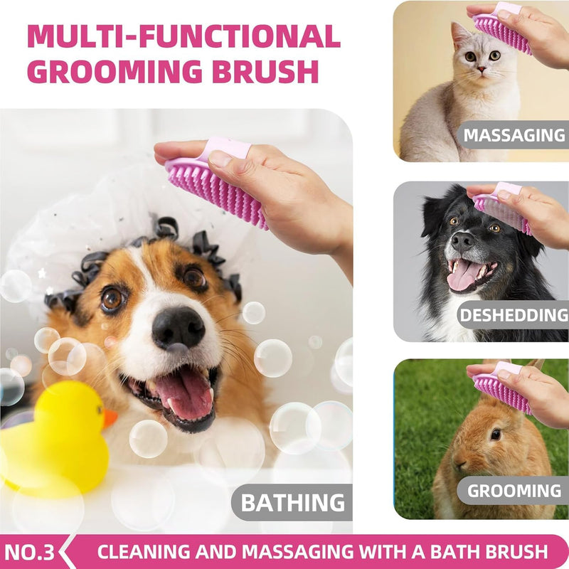 Bath Grooming Kit for Pets - Hair Brush Set with Towel, Washing Gloves, and Shampoo Scrubber Brush for Dogs and Cats (Pink) 6-Bath-Pink - PawsPlanet Australia