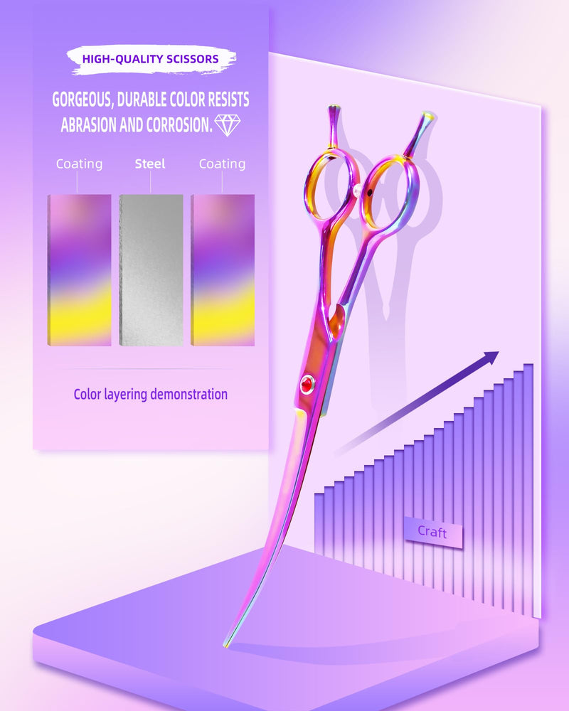 7.3" Dog Grooming Scissor - Professional Down-curved Shear with Ergonomic Handle Stainless Steel Hair Shears for Dogs, Cats and Other Pets - Pet Hair Trimming Scissor(Curved, Iridescent) - PawsPlanet Australia