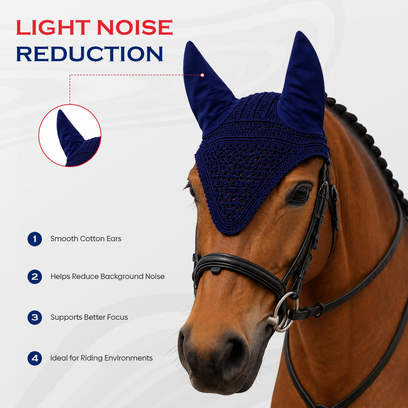 Equine Care Horse Fly Bonnet Full Size Blue – Breathable Cotton Crochet Ear Bonnet, Fly Veil & Ear Net for Horses with Noise Reducing Cotton Ears for Dressage, Hunter Jumper & English Riding