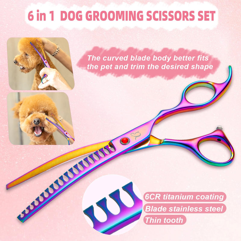 Dog Grooming Scissors,Rainbow Curved Scissors with Safety Round Tips,Sharp and Durable 6 in 1 Dog Scissors for Grooming - PawsPlanet Australia