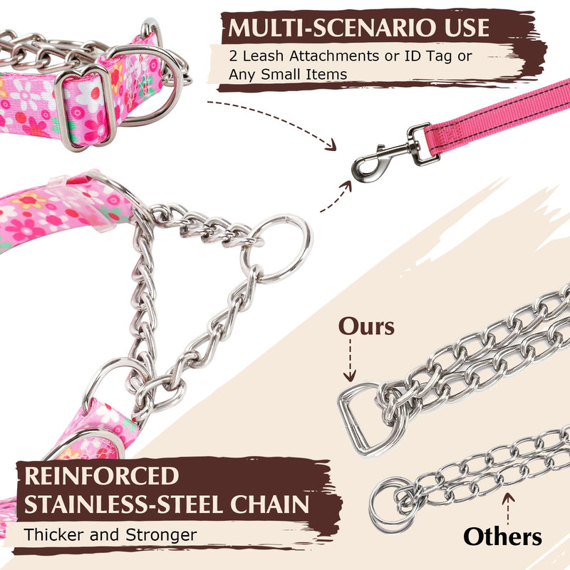 Martingale Collar for Dogs with Nylon & Steel Chain Limited Cinch Design, No Choke Dog Collar with Pink Flower Design, Adjustable No Pull Dog Collar, Great for Whippets, Greyhounds and More (M) 2 M