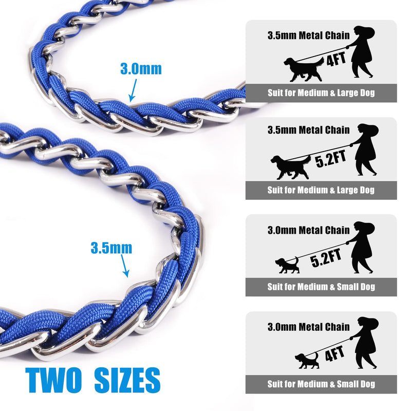 Chain Dog Leash Chew Proof Metal for Medium Large Dogs, Anti Bite 4FT Strong With Comfortable Soft Padded Handle Blue 3.0 4FT(5-30lb) - PawsPlanet Australia
