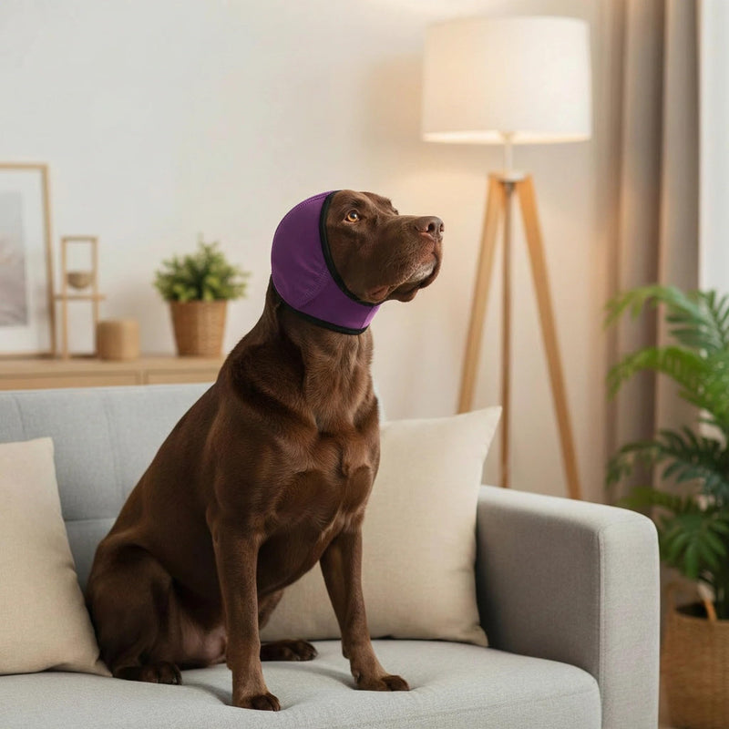 No Flap Ear Wraps for Dogs, Dog Ear Muffs Noise Protection & Anxiety Relief, Quiet Ears Cover Headband Waterproof Ear Protector for Fireworks Grooming Swimming Bathing, Purple M