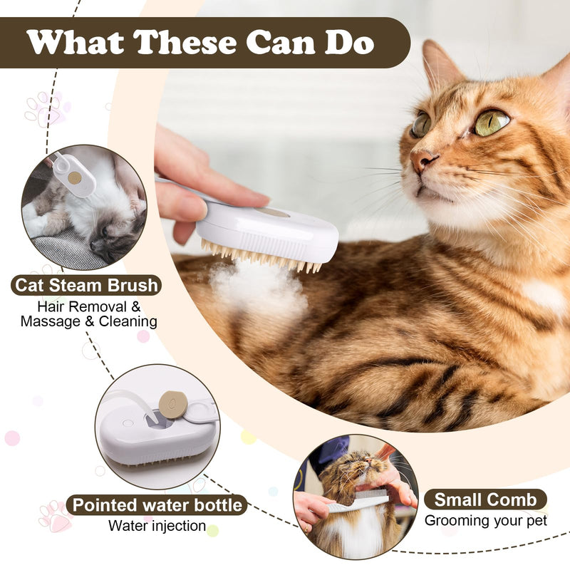 3-in-1 Cat Steam Brush for Shedding, Massaging & Grooming, Rechargeable, Misty Brush for Cats & Dogs, White, 3 Count - PawsPlanet Australia