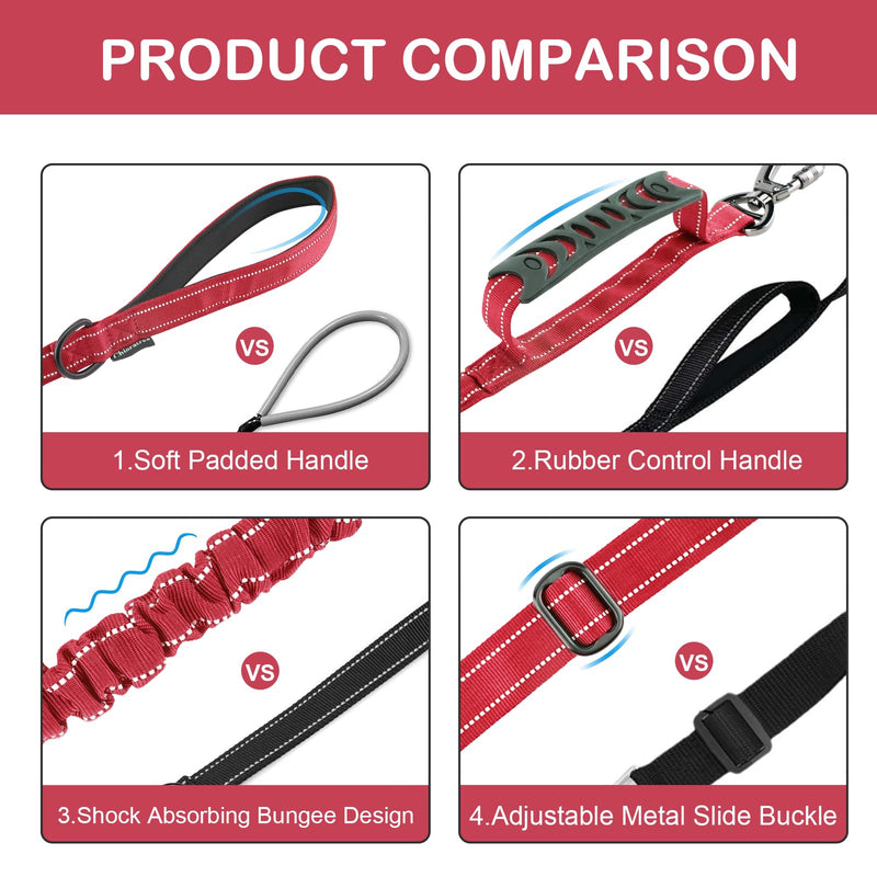 Tactical Dog Leash Heavy Duty, 4-6FT Shock Absorbing Bungee Dog Leash, Reflective Military Strong No Pull Dog Leash with 2 Padded Handle and Car Seatbelt for Medium Large Dogs, Red - PawsPlanet Australia