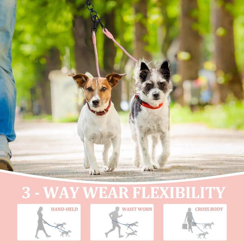 Double Dog Leash No Tangle, Adjustable Split Leads Four Pet Walking Leash with Comfortable Padded Handle for Four Dogs, Hands - Free Dual Leashes for Small/Medium Pets (Pink, Four Leashes) Pink