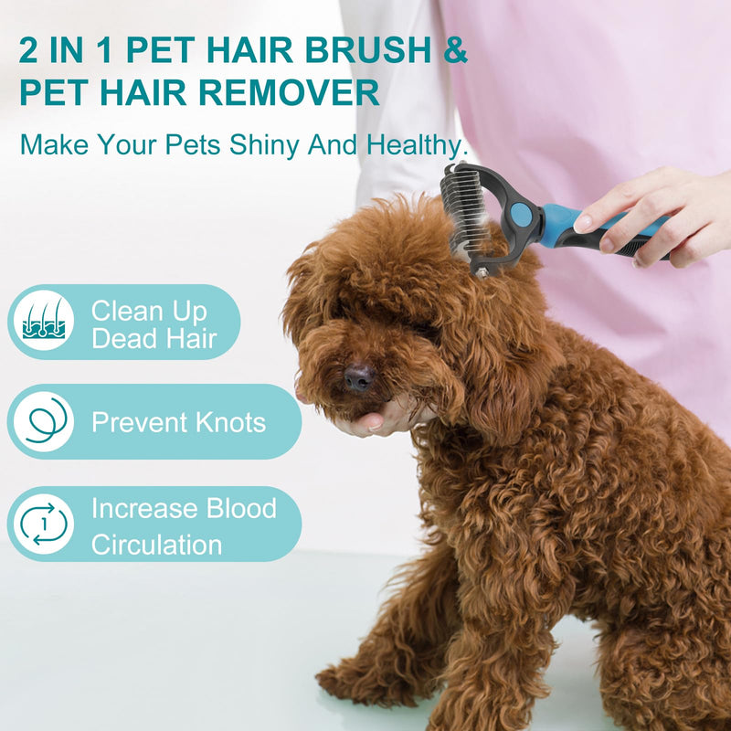 Pet Grooming Brush, Double Sided Undercoat Rake for Dogs & Cats, Professional Deshedding Brush and Dematting Tool, Safe and Effective Removing Knots, Mats, Tangles,and Flying Hair (Blue) Blue - PawsPlanet Australia
