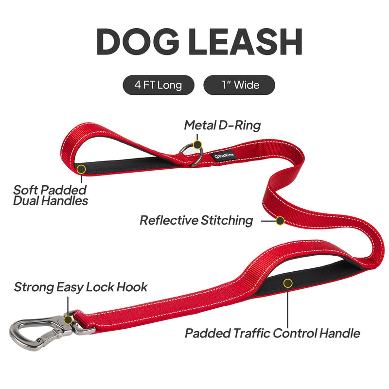 PetiFine 4FT Heavy Duty Dog Leash with Soft Padded Double Handle, Durable Strong Clasp Dog Leashes, Reflective Nylon Walking Lead for Large,Medium,Small Breed Dogs, Red 4 FT x 1 in Wide - PawsPlanet Australia