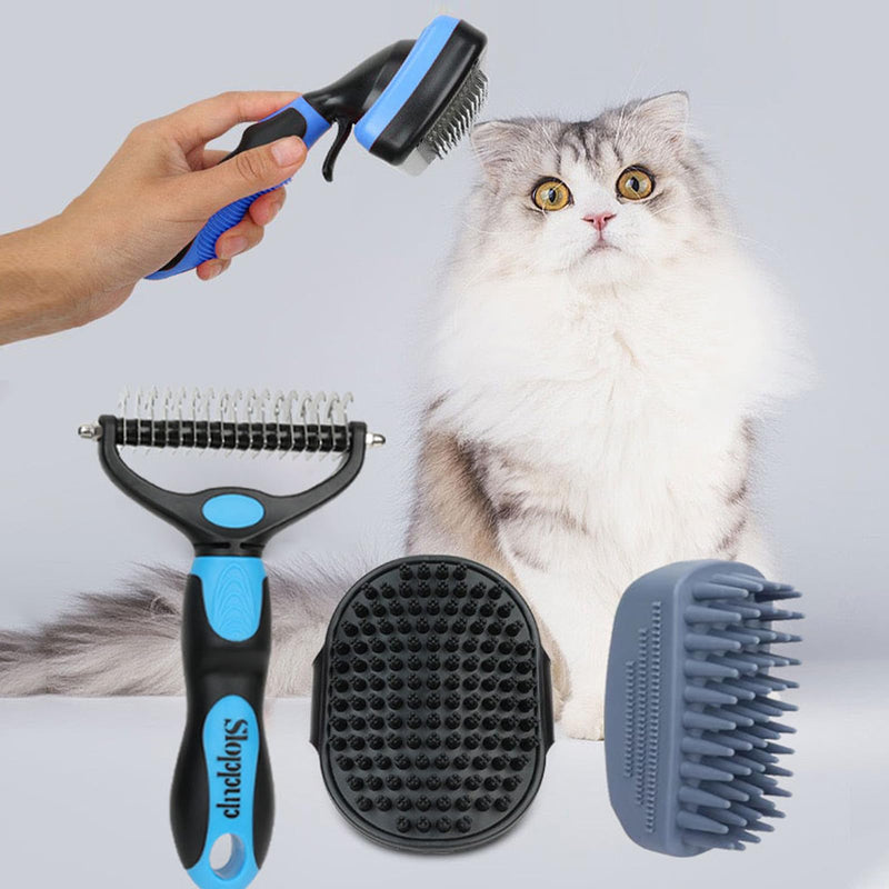 Dog Brush Kit for Grooming Short & Long Haired Dogs & Cats, 4-in-1 Pet Grooming Set with Self-Cleaning Slicker Brush, Deshedding Tool, Shampoo Bath Comb, Massge Comb (Blue Black) Blue Black - PawsPlanet Australia