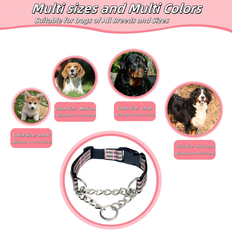 Martingale Dog Collars, Reflective Nylon Collar with Stainless Steel Chain, Adjustable Walking Training Dog Collars with Quick Release Buckle, Suitable for Small Medium Large Dogs(Pink,L) Large-(dog's neck 16~20.5inches) Pink - PawsPlanet Australia