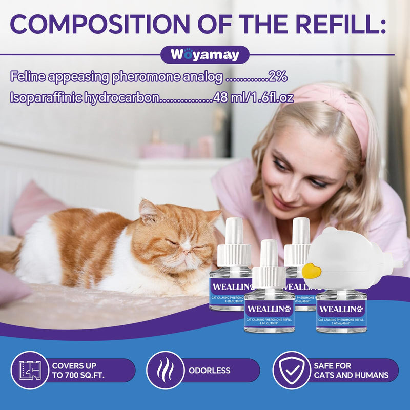 Cat Calming Diffuser Kit - 5-in-1 Cat Pheromone Diffuser for Anxiety & Stress Relief-Includes 1 Diffuser and 4 Refill Vials (48ml each)-Provides 120 Days of Comfort and Relaxation for Your Cat 1 Diffuser, 4 Refills