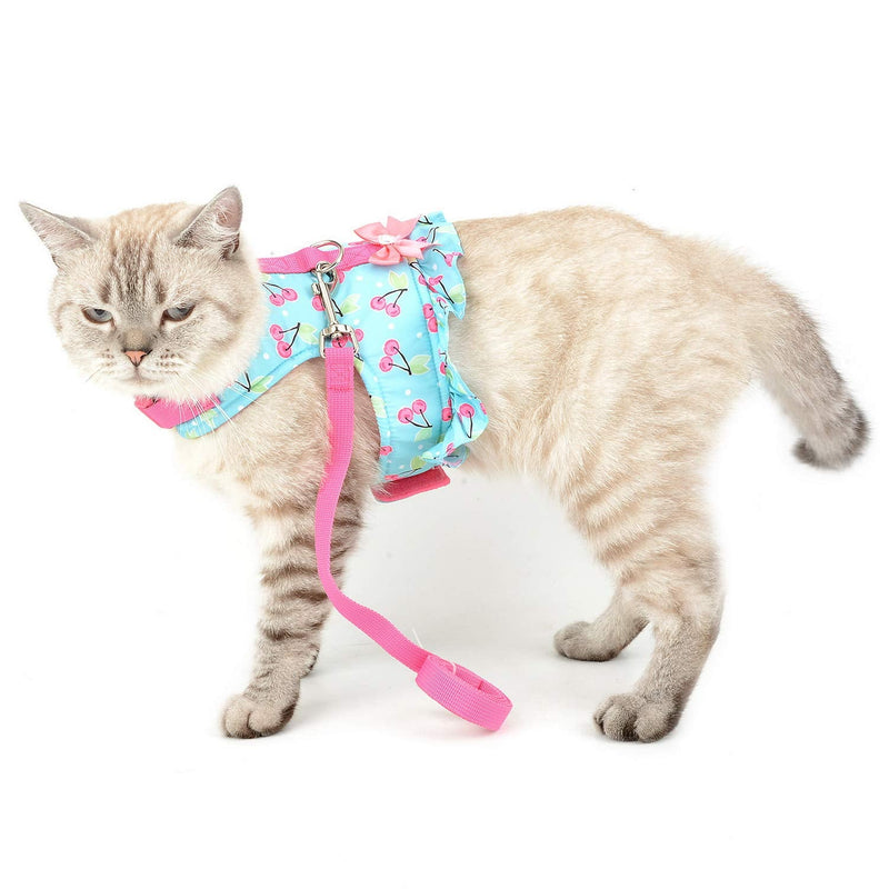 SMALLLEE_LUCKY_STORE Bow Cherry Print Cat and Small Dog Harness Dress with Leash for Girls Adjustable No Pull Escape Proof Soft Walking Jacket Waterproof Puppies Kitten Harness Vest Outdoor,Green S S(chest 14.5-15.5 Inch) blue cherry - PawsPlanet Australia