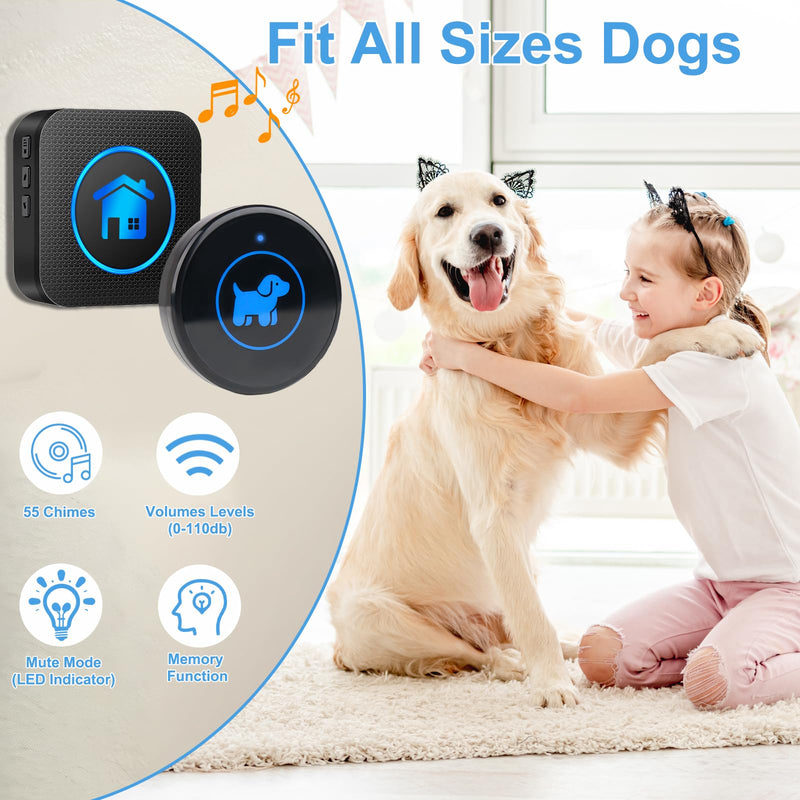 Dog Door Bell, Wireless Dog Doorbells for Potty Training – Dog Bells to Go Outside, 1000Feet Range, Waterproof Button, 55 Melodies & 5 Notification Modes (2 Buttons) 2 Buttons - PawsPlanet Australia