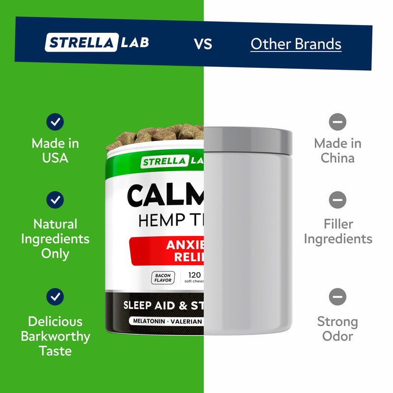 STRELLALAB Advanced Calming Hemp Chews for Dogs - Stress & Anxiety Relief - Behavior Aid - Natural Stress Relief During Firework, Storm, Barking - 120 Treats - Bacon 120 Ct (Smoky Bacon) (CALMING) Hemp Chews