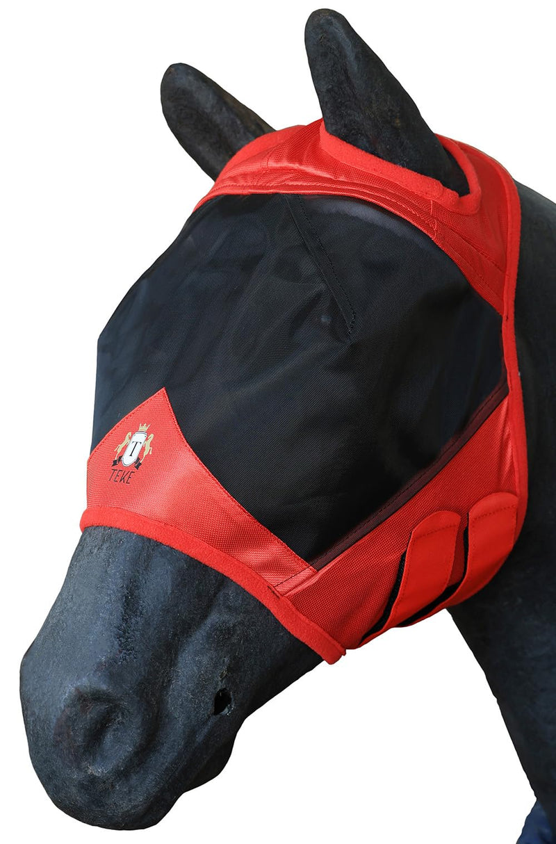 T TEKE Fine Mesh Horse Fly Mask w/No Ears, UV Blocking 3D Eye Visor with Extra Fleece Cushioned Forehead, Protection from Insect Pests, Full, Red