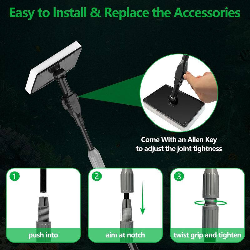 Aquarium Cleaning Tools 6 in 1, Fish Tank Cleaning Kit for 20-160 Gallon Acrylic & Glass Tank with Telescopic Long Handle, Algae Scraper, Scrubber Pads, Tube Cleaner, Fish net, Gravel Rake - PawsPlanet Australia