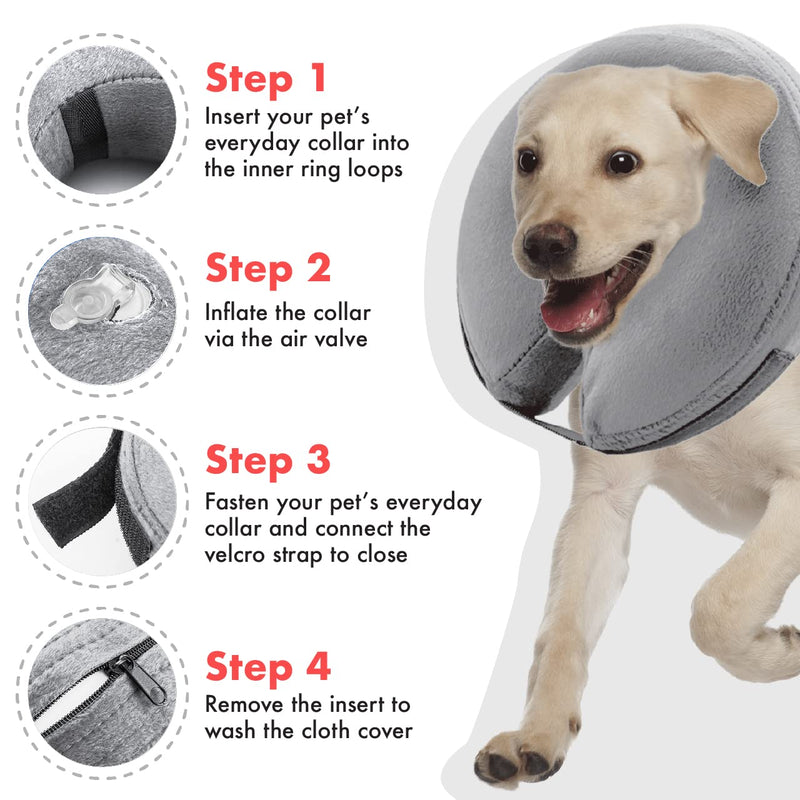 E-KOMG Dog Cone After Surgery, Protective Inflatable Collar, Blow Up Dog Collar, Pet Recovery Collar for Dogs and Cats Soft (Large(12"-18"), Grey) Large(12"-18") - PawsPlanet Australia