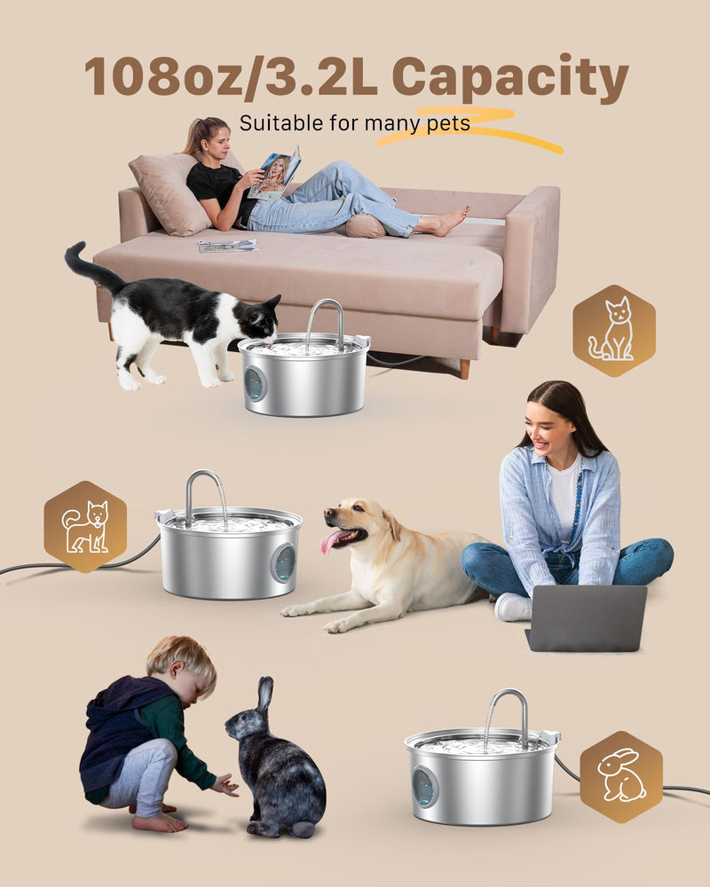 Cat Water Fountain Stainless Steel: Cat Fountain for Drinking - 108oz/3.2L Pet Water Fountain for Cats Indoor - Quiet Water Fountain for Cats - Faucet Pet Fountain - for Small and Medium-Sized Pets Cat Water Fountain - PawsPlanet Australia