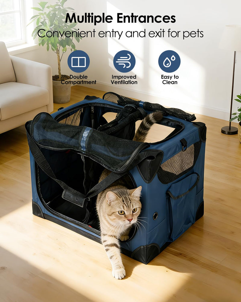 Extra Large Cat Carrier for 2 Cats, XL with Removable Divider, Foldable Soft-Sided Pet Carrier with Storage Tote, Portable Travel Crate for Large Cats, for Car & Home Use, 24" x 17" x 17" Blue