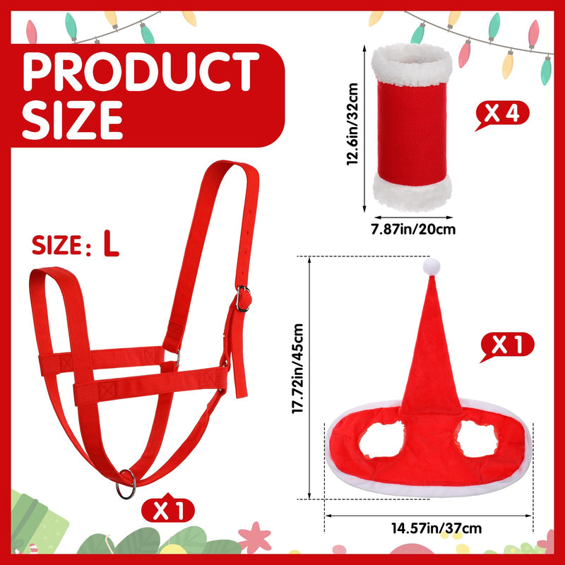 Paterr 6 Pcs Christmas Horse Accessory Includes 4 Pcs Leg Wraps with Faux Fur Trim Holiday Santa Hat Adjustable Nylon Halters for Christmas Horse Costume Accessories